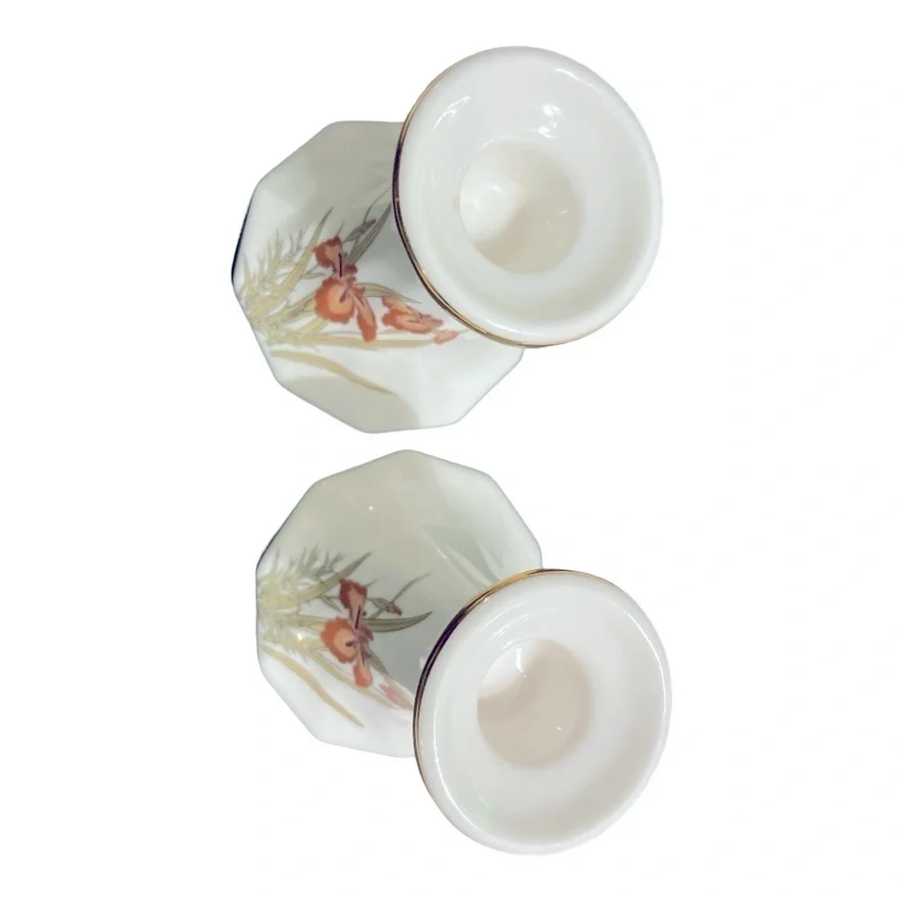 Porcelain White Candlesticks With Peach and Rust Iris flowers And Gilding. Set 2